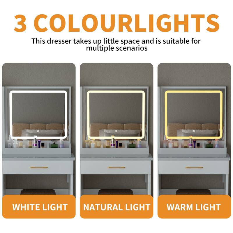 32" Wide Makeup Vanity Desk with Lighted Mirror Power Outlet, Dressing Table with Large Storage Space and Cushioned Stool