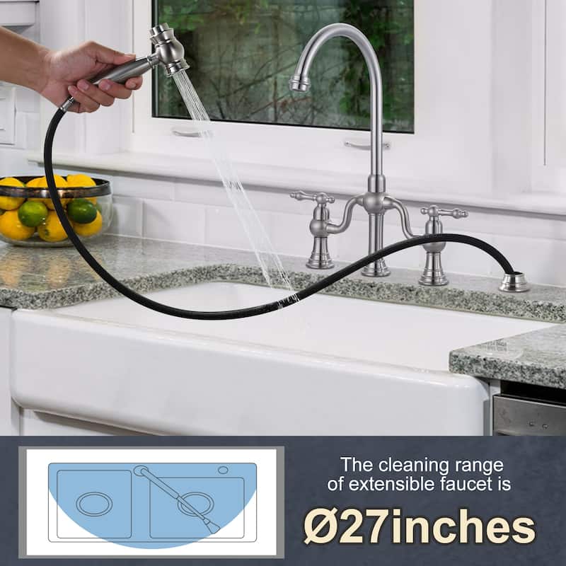 WOWOW Double Handle High Arc Bridge Kitchen Faucet with Side Sprayer