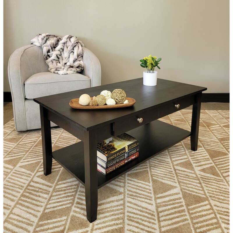 Solid Acacia Coffee Table with Drawer & Bottom Shelf