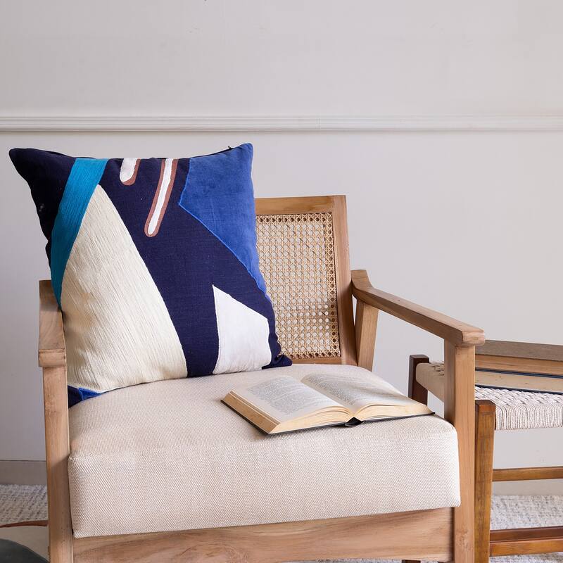 Handwoven Patchwork Embroidered Square Throw Pillow Cover - 20" - Blue and White