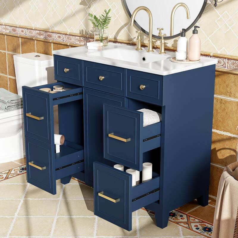 36" Wood Vanity with Ceramic Sink, Soft-Close Doors, Shelves, and Deep Drawers for Storage.