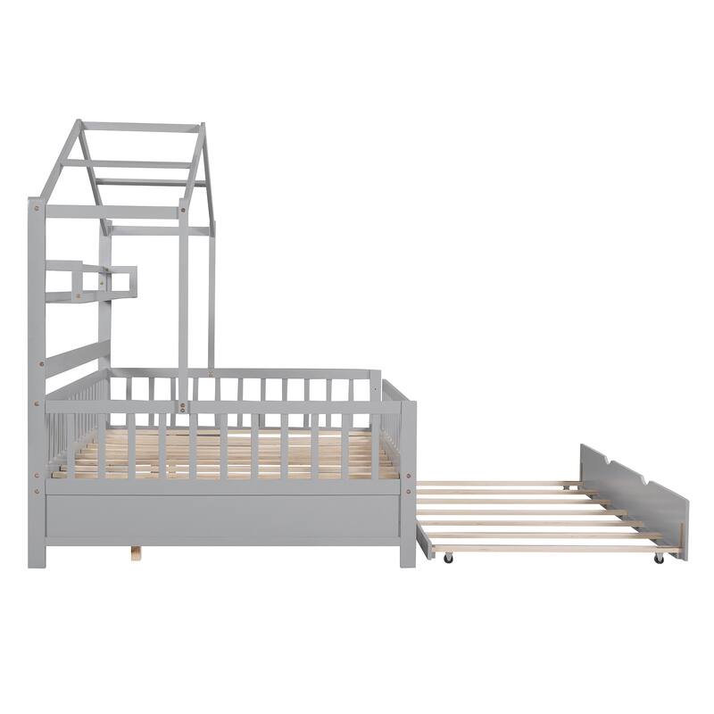 Wooden Full Size House Bed with Twin Size Trundle,Kids Bed with Shelf