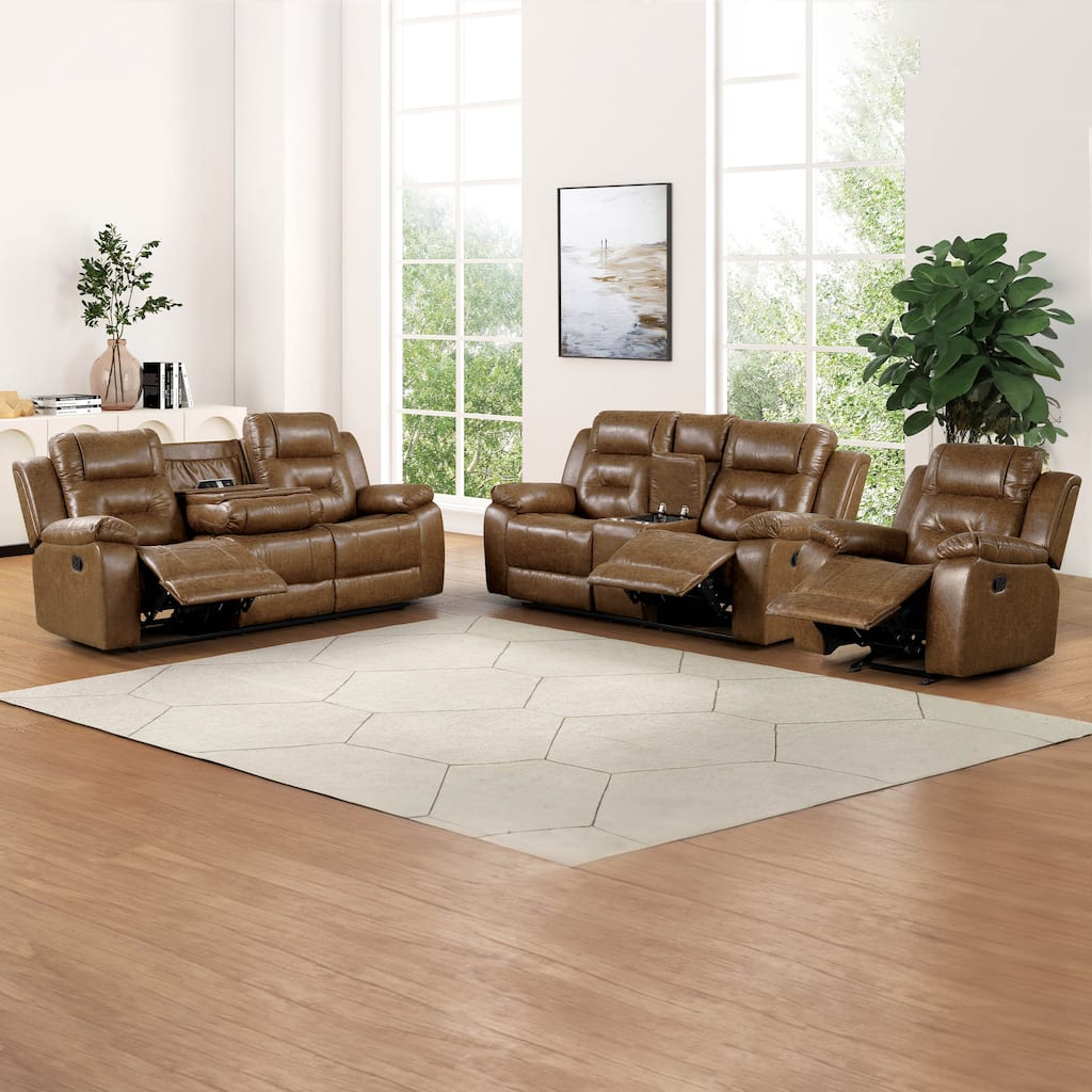 Furniture of America Charlestly 3-Piece Brown Faux Leather Sofa Set