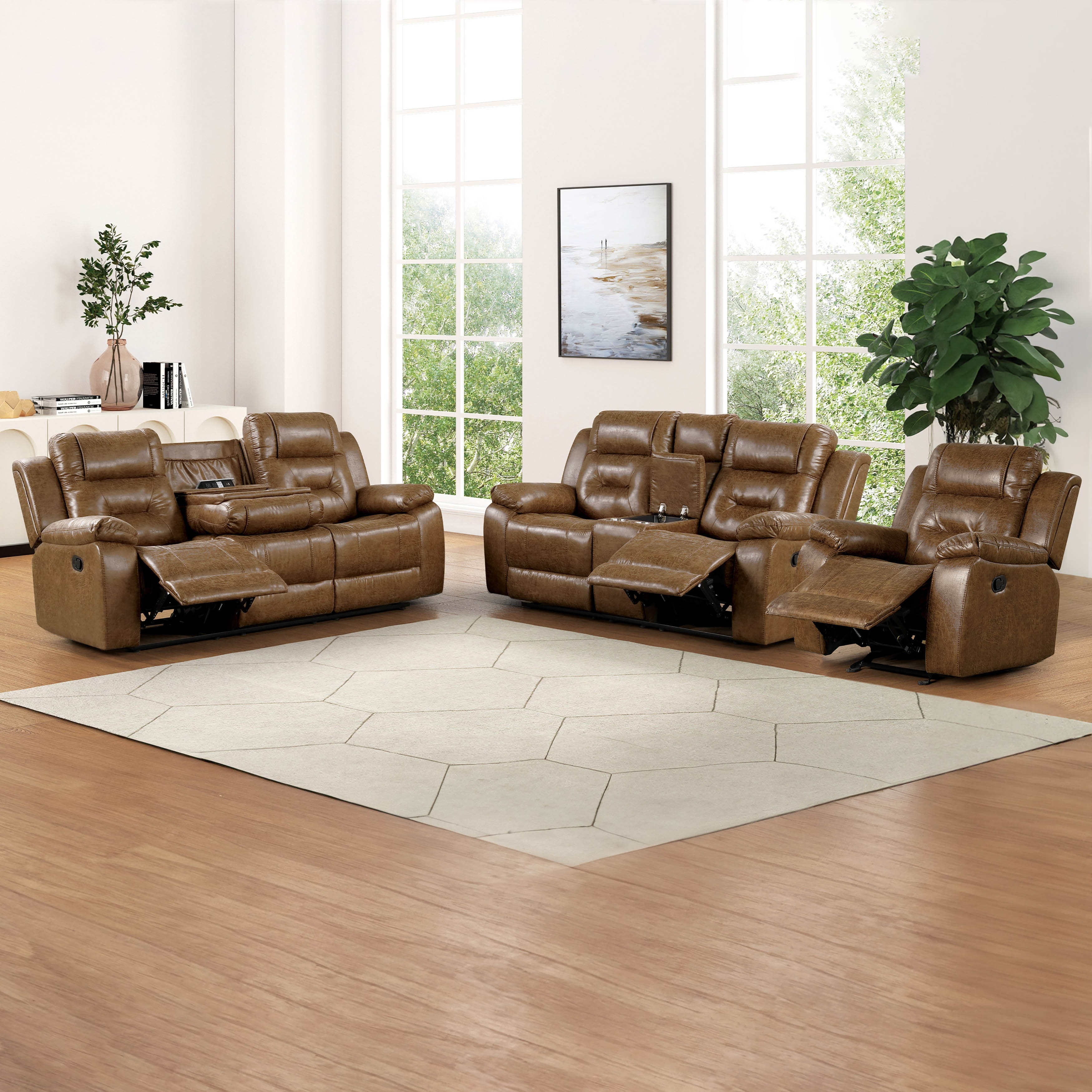 Furniture of America Charlestly 3-Piece Brown Faux Leather Sofa Set