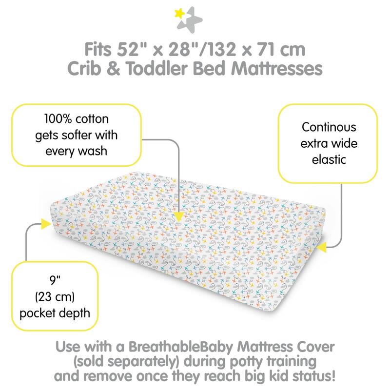 BreathableBaby Cotton Percale Fitted Sheet, For 52" x 28"/132 x 71 cm Crib & Toddler Bed Mattress, Prints (2-Pack)
