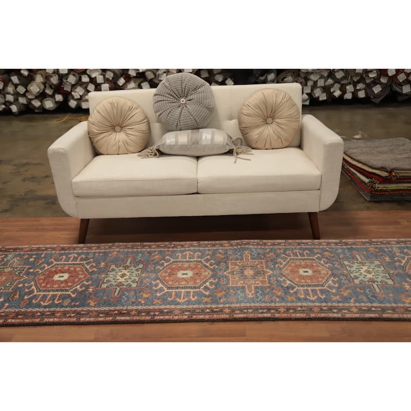 Hand Knotted Oriental 100% Wool Carpet Traditional Geometric Navy Blue & Blues Kazak Area Rug - 10' 1'' X 2' 6''
