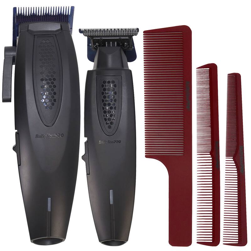 BaBylissPRO LithiumFX+ Ergonomic Clipper & Trimmer Value Set (FX73DUOCTMB) + Comb Set (Clipper, Cutting, Taper Combs) - Black - Black