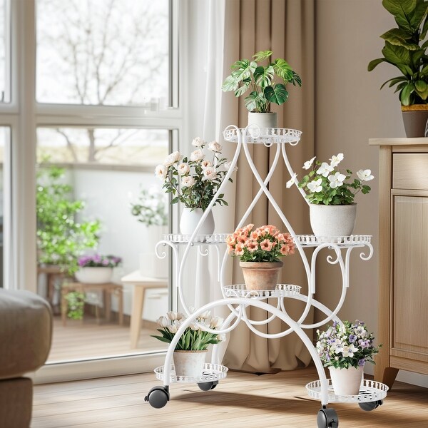 6-Potted Metal Plant Stand with Wheels Rack for Patio Porch