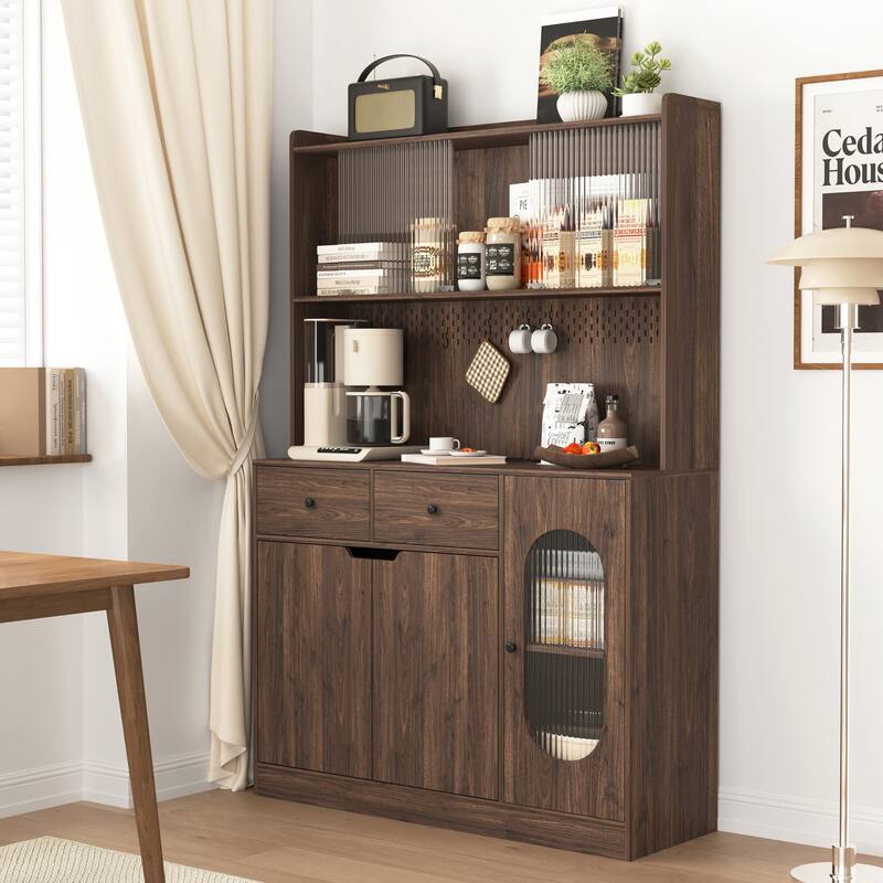 Modern Storage Cabinet with Two Drawers, Reeded Glass Doors and Microwave Stand