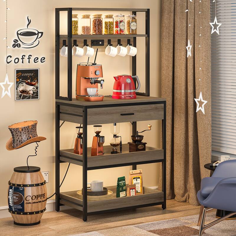 5-Tier Kitchen Bakers Rack with 4 Power & USB Outlets, Microwave Stand with Drawers and Shelves