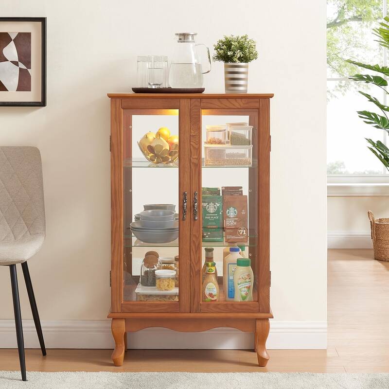 Roomfitters 2 Doors Curio Cabinet with Tempered Glass Doors, Mirrored Back Panel, Adjustable Shelves, Lighted Display Cabinet