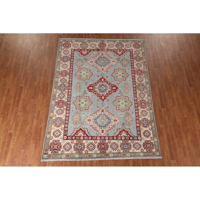 Light Blue Traditional Kazak Area Rug Hand-Knotted Wool Carpet - 6'9" x 9'4"
