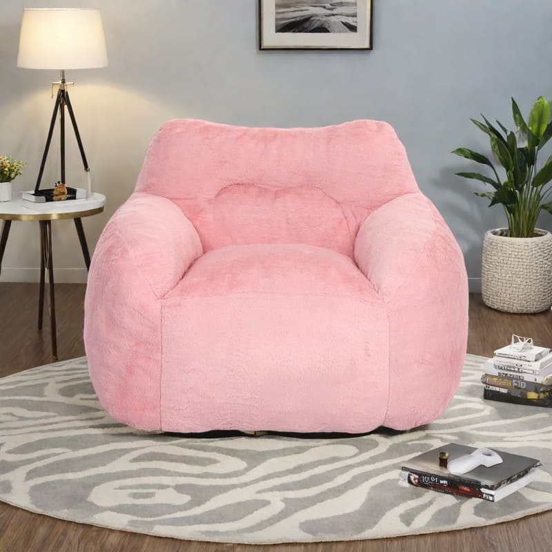 Faux Fur Bean Bag Lounge Chairs with Armrests and High-Density Foam Filling - Pink
