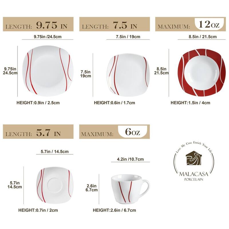MALACASA Felisa Porcelain Red Stripes Dinnerware Set
