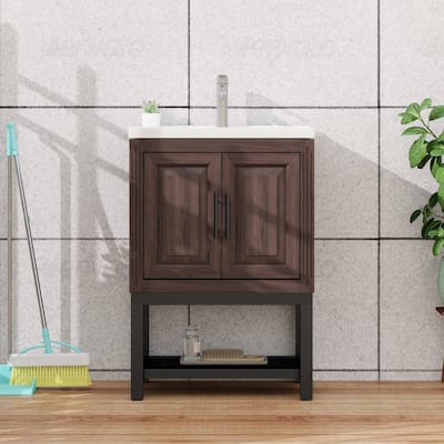24" Bathroom Vanity with White Ceramic Sink & Hot and Cold Faucet, Freestanding Bathroom Cabinet with 2 Storage Doors