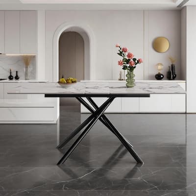 ‌59-Inch Expandable Dining Table with Retractable Leaf - Sintered Stone Top & Black Carbon Steel Base, Fits 4-6 People .