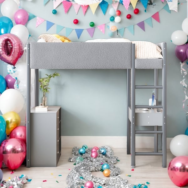 slide 2 of 27, Full Size Loft Bed Wood Bed With Shelf,Drawers,Convertible Desk,Soft Padding and Plush Fabric Grey