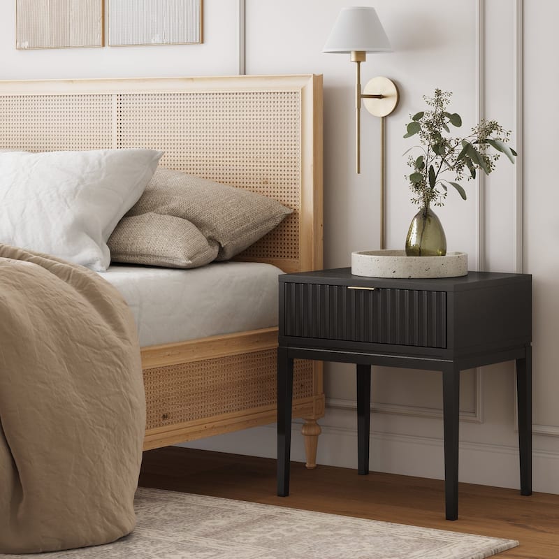 Jasper Mid-Century Modern Nighstand, Side Table with Storage and Fluted Drawer Doors with Brass Handles