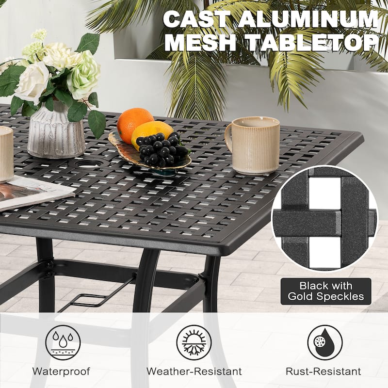 Square Cast Aluminum Outdoor Dining Table with Umbrella Hole and Mesh Tabletop, Black with Gold Speckles