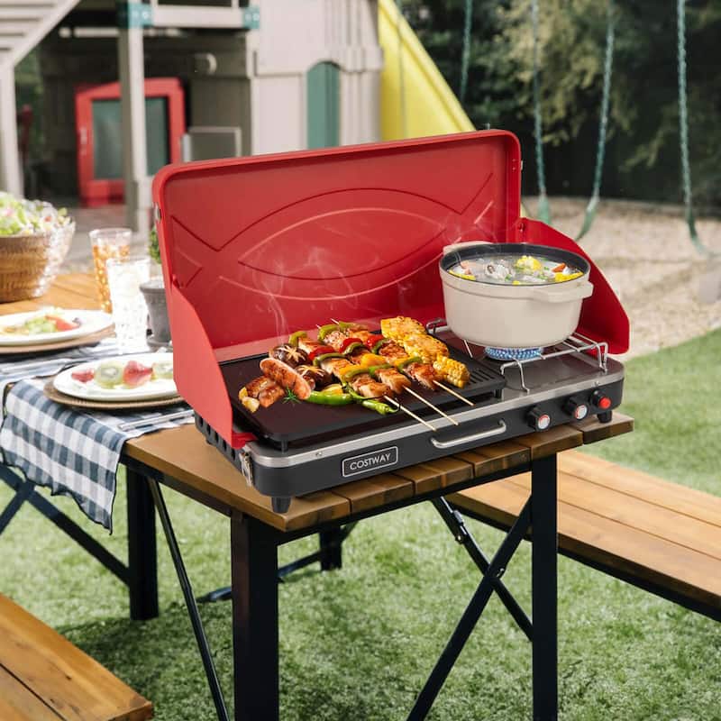 Costway 2-in-1 Propane Grill 2 Burner Camping Gas Stove Portable with - See Details
