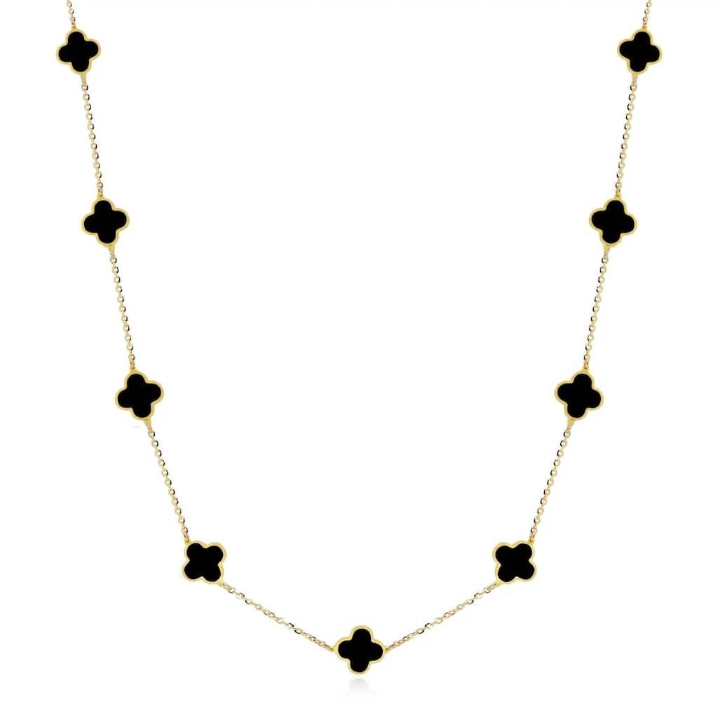 Curata 14k Yellow Gold Italian 18" Inlaid Genuine Gemstone 7mm Clover Station Necklace
