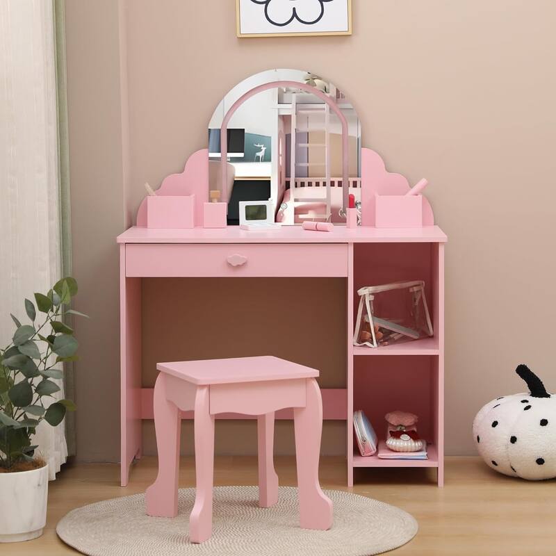 Kids Vanity Set with Lighted Mirror and Stool, Storage Drawer and Shelves for Girls Ages 3–9