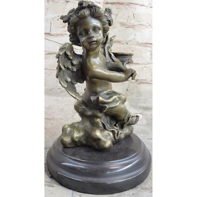 Signed Bronze Statue Sculpture Desk Angel Candleholder Figurine Art Deco Figure