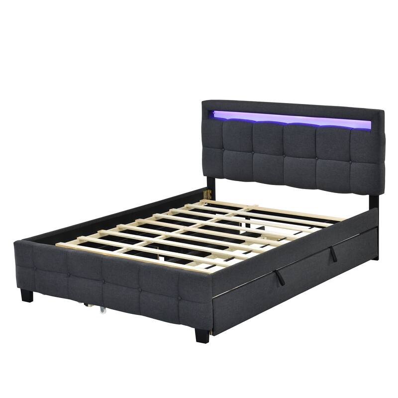 Remote Control LED Headboard Bed Frame Linen Fabric Upholstered Platform Bed with Pull-out Trundle Bed & 2 Drawers