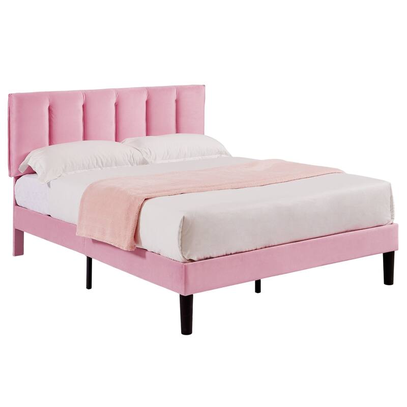 VECELO Pink Tufted Upholstered Platform Bed Frame with Adjustable Height Headboard Twin/Full/Queen Size Beds