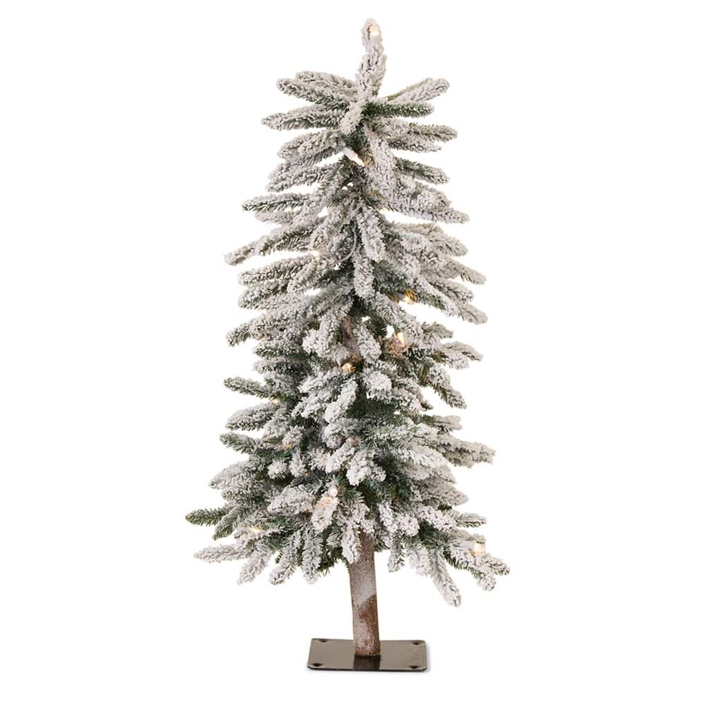 LED Flocked Alpine Pencil Tree with Metal Base 3'H