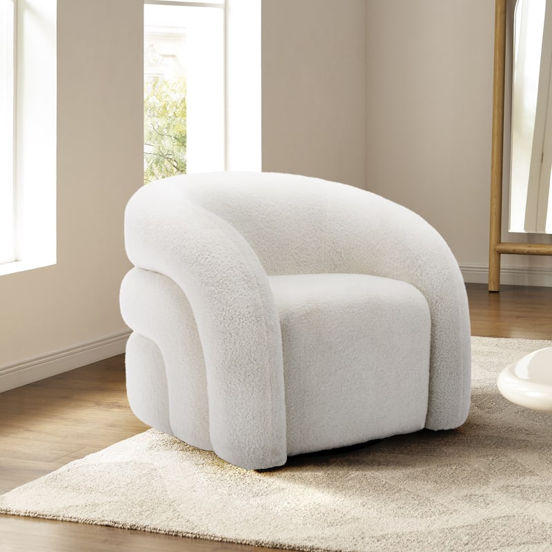 Modern Upholstered Swivel 360 degree Rotation Boucle Barrel Chair - White