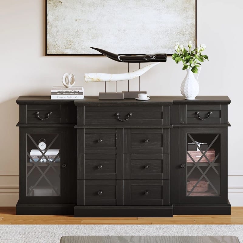 Farmhouse TV Stands Buffet Sideboard with 9 Drawers Cabinet Grey Oak - 58 inches