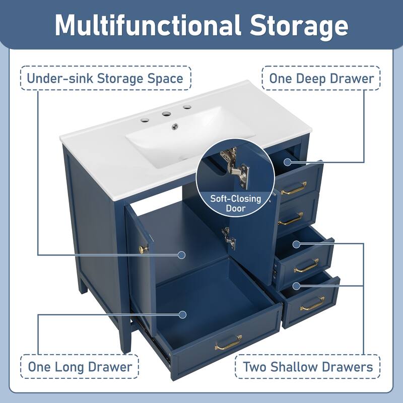 36" Bathroom Vanity with Sink, Bathroom Cabinet with Soft-Closing Door, 4 Drawers of Different Sizes, Solid Wood Frame and Leg