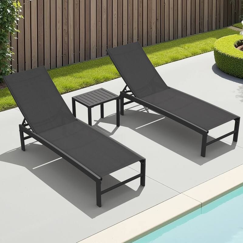 3-Piece Outdoor Loungers Patio Chaise Lounge Chairs Set with Side Table - Set of 3 - Black