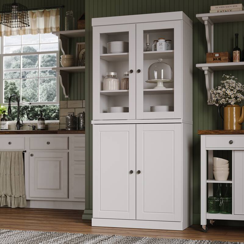 Palace Imports Solid Wood Pantry Cabinet, Raised Panel & Clear Glass Doors, 2 Drawers, Adjustable Shelves