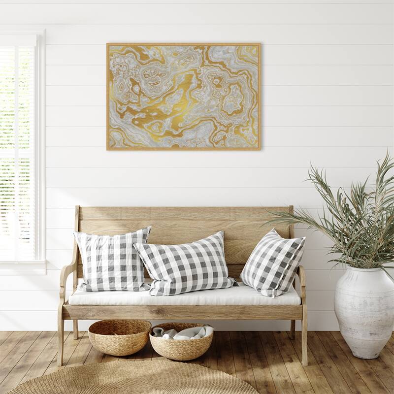 White and Yellow Marble Swirl I by Amini54 Framed Canvas Wall Art Print
