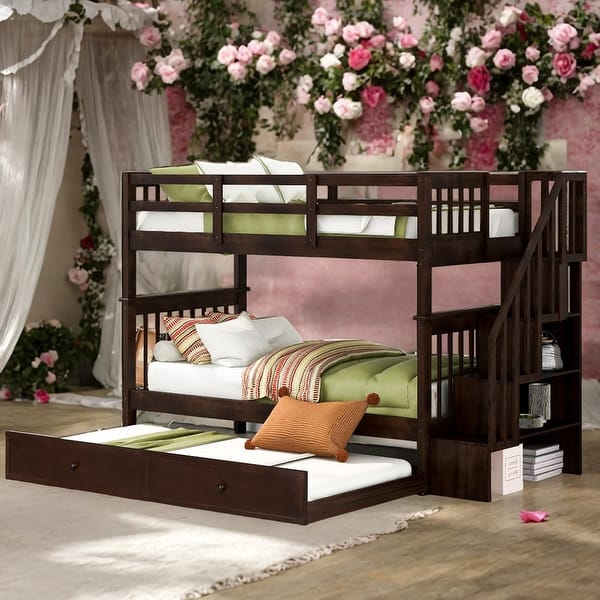slide 2 of 16, Twin Over Twin Bunk Bed with Twin size Trundle For Bedroom Espresso