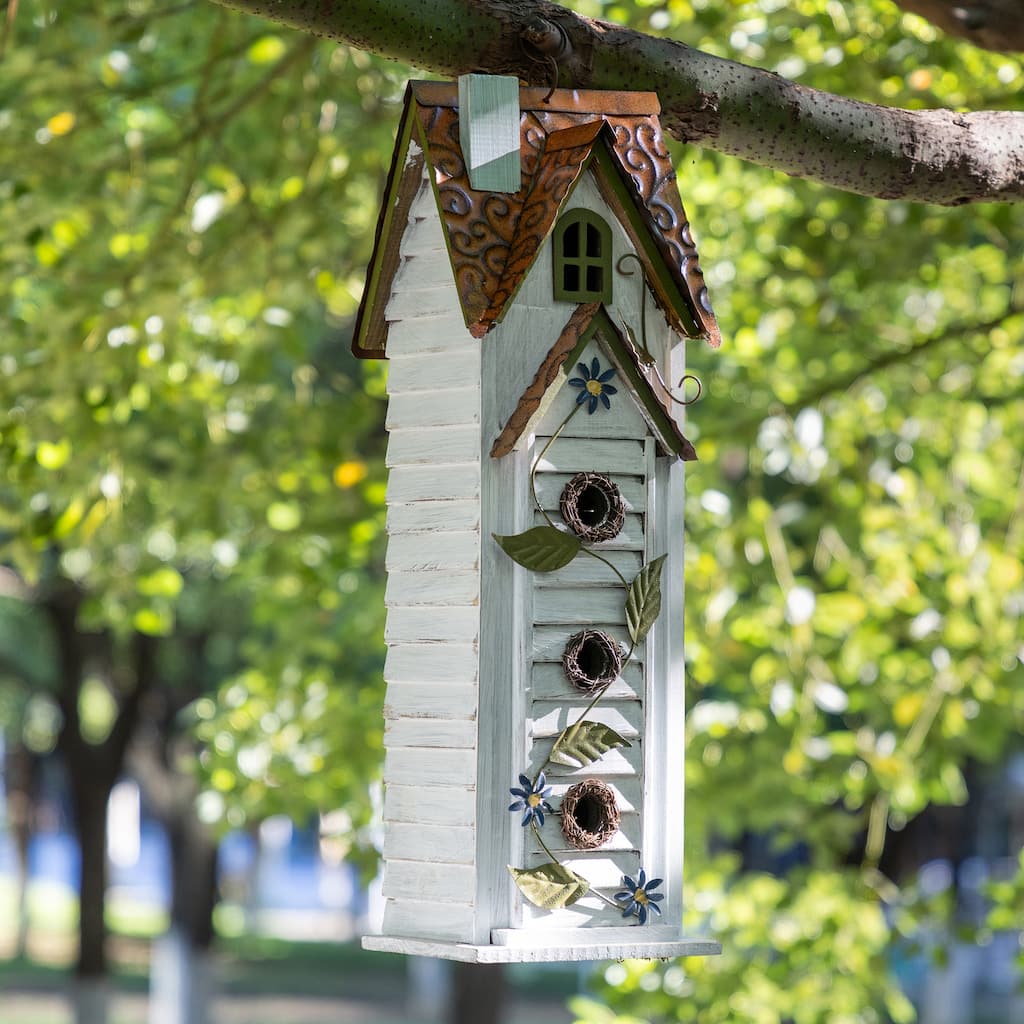 Glitzhome 24.25"H Oversized Washed Blue or White 3-Tiered Solid Wood Villa Decorative Outdoor Garden Birdhouse