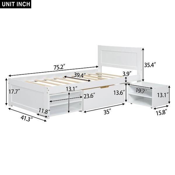 dimension image slide 1 of 2, Twin Size Wooden Platform Bed Frame with one Storage Rack on Wheels, one Drawer & Two Shelves for Boys Girls, Noise-Free
