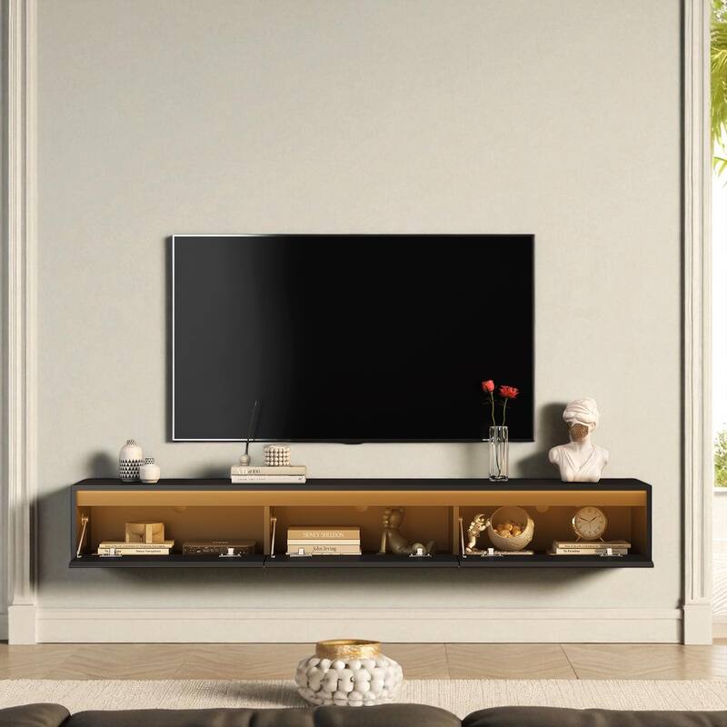 Floating TV Stand with LED Lights & Power Outlet, 65" Wall Mounted High Gloss Media Console with Storage Shelves