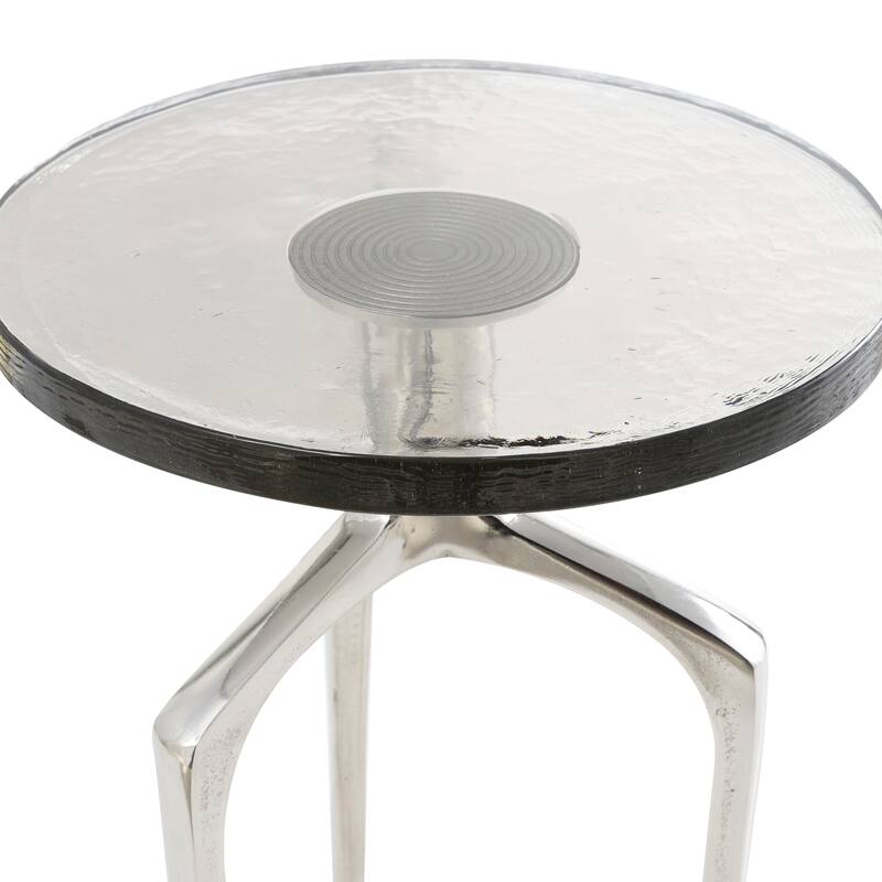 Silver Aluminum Metal Accent Table with Textured Glass Tabletop