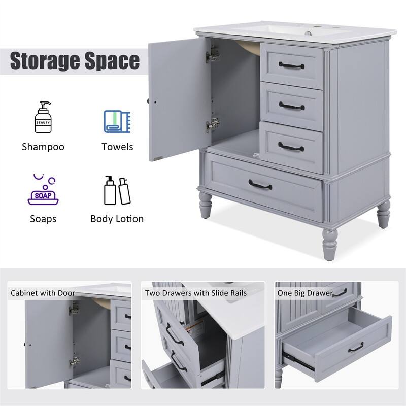 30" Bathroom Vanity with Ceramic Sink Combo, Freestanding Bathroom Vanity Cabinet with 1 Door and 3 Storage Drawers