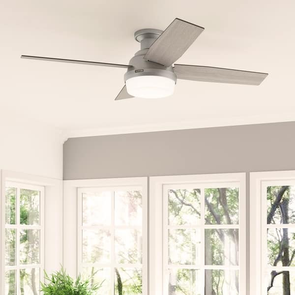 slide 2 of 27, Hunter 52" Dempsey Flush Mount Ceiling Fan w/ LED Light Kit, Handheld Remote - Contemporary, Transitional - Low Profile Matte Silver -Light Grey Oak