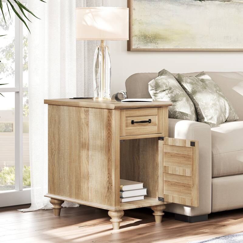 End Table with Charging Station, Side Table with Storage, Power Outlets & Type-C USB Ports for Living Room