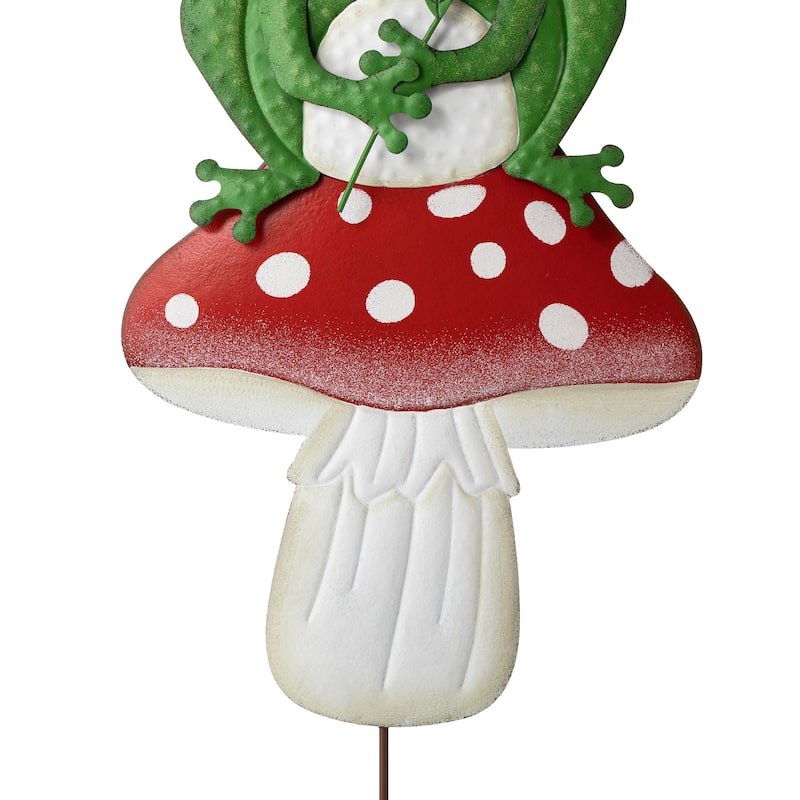 Glitzhome Metal/Wood Frog Stacked Mushroom Welcome Sign Yard Stakes Garden Wall Decor