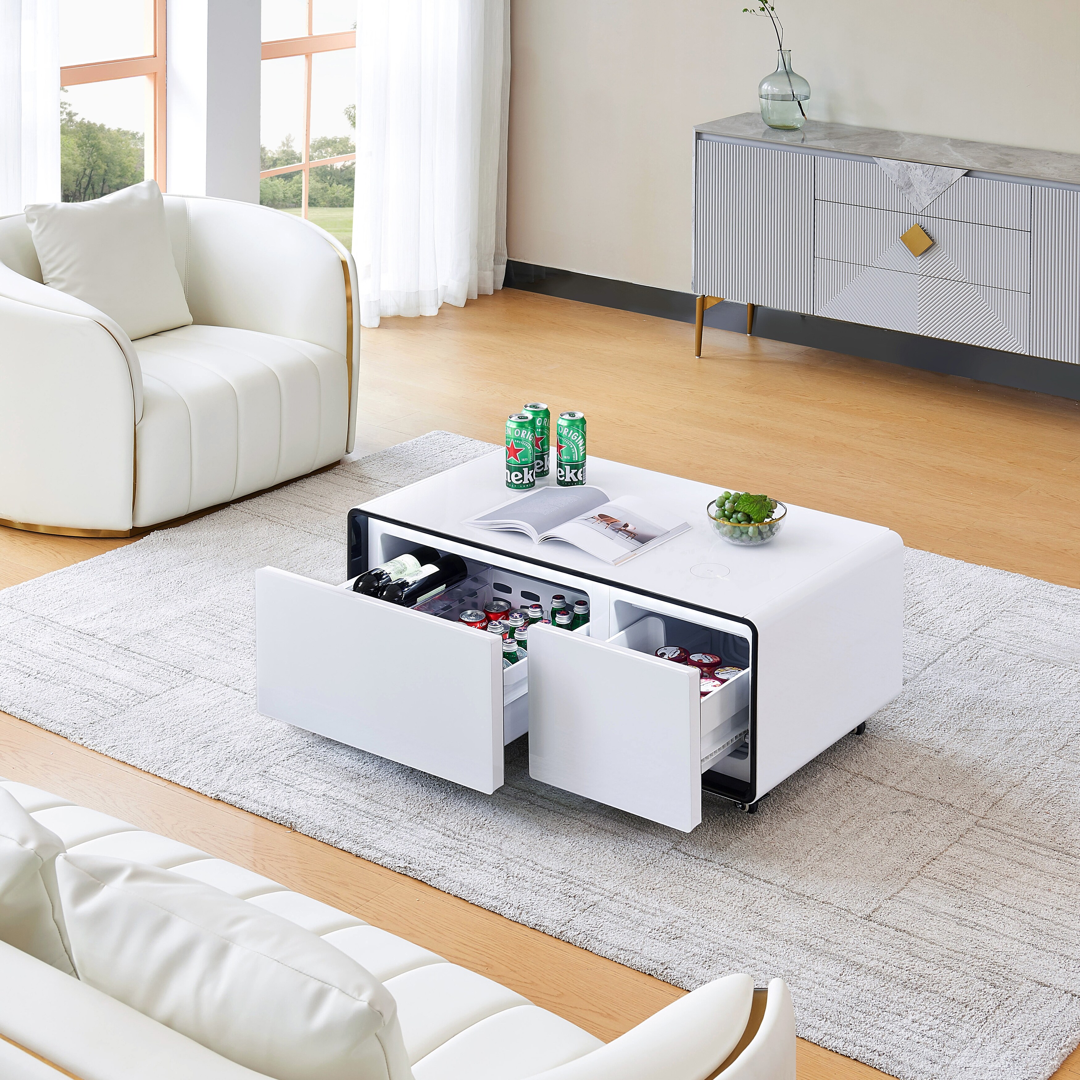 High Tech Coffee Table with Refrigerated Drawers Touch Control USB Ports and Color Changing Lights White