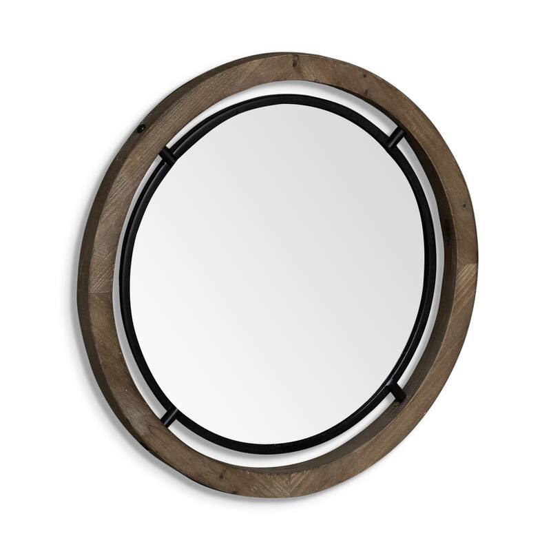 HomeRoots 28" Brown Round Wood Framed Accent Mirror - 28' X '28' X '1.25