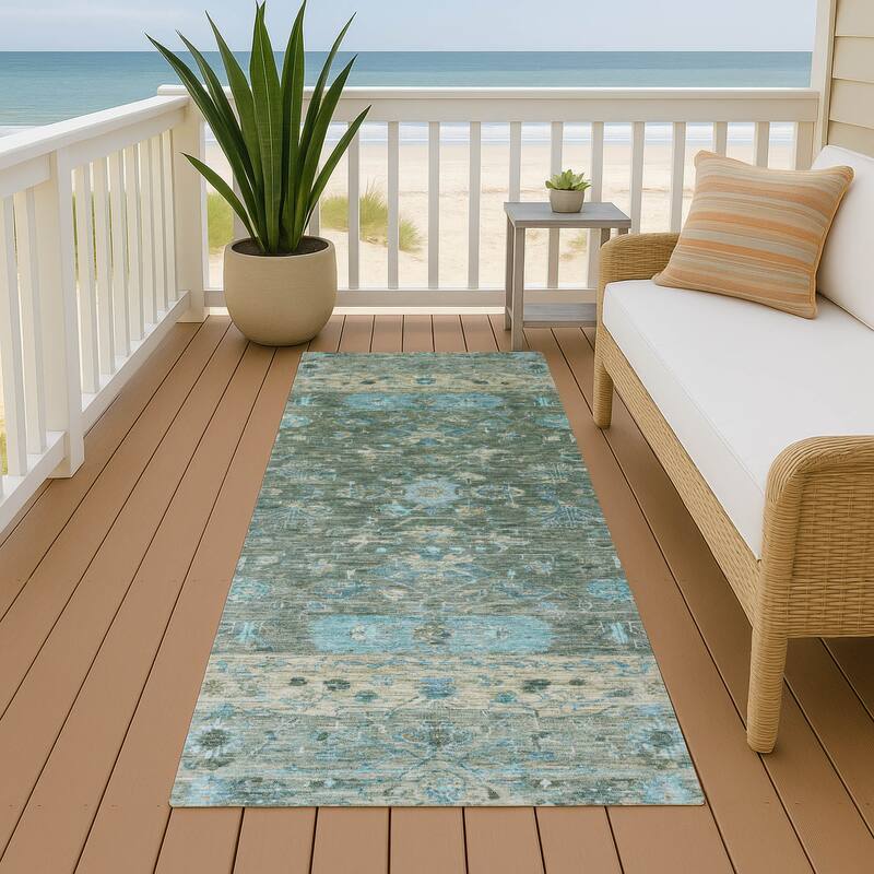 Machine Washable Indoor/ Outdoor Traditional Border Chantille Rug - Sage - 2'3" x 7'6"
