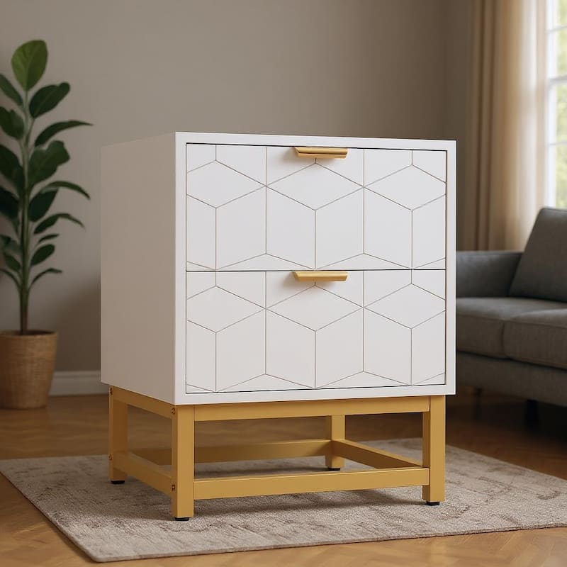 2 Drawer Dresser, with Metal Legs and Gold Handles - White