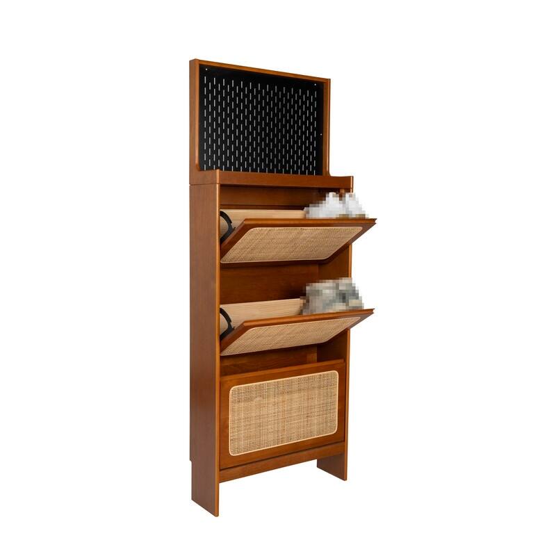 Grondin Bohemian Farmhouse Style Rattan Shoe Cabinet with Pegboard, Entryway Narror Shoe Storage Organizer with 3 Flip Drawers